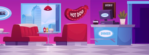 餐厅咖啡馆内部，带热狗招牌，矢量平面红色沙发与桌子，酒吧柜台，复古快餐餐厅图片下载