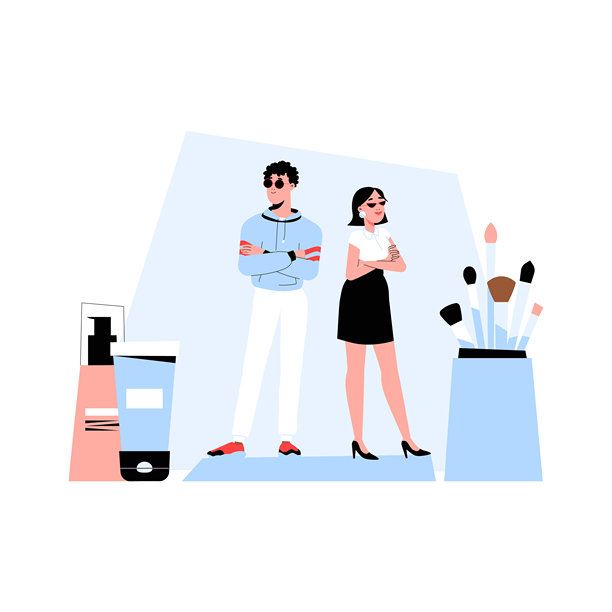 美容博主与化妆品站在一起的扁平矢量插图，象征着时尚、化妆趋势和社交媒体影响，背景为白色。图片下载