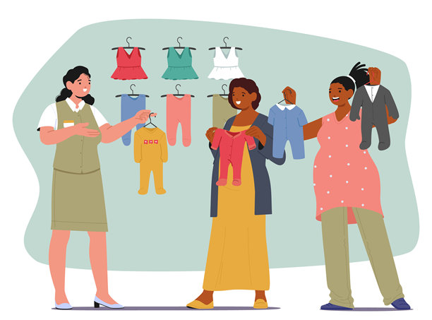 快乐的孕妇卡通角色在婴儿零售市场购物，挑选新生儿衣物图片下载