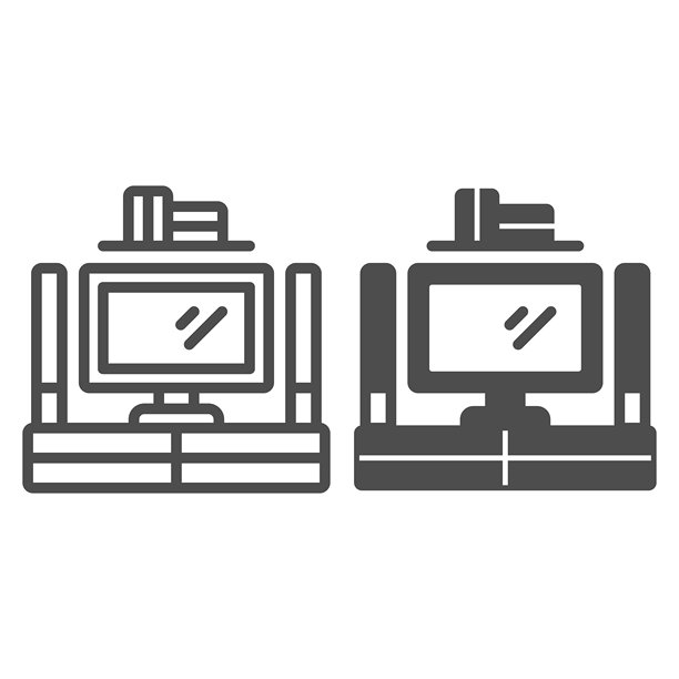 带抽屉和音响系统的桌子上的电视，室内家居概念。矢量图形。白色背景上的电视桌标志，适用于移动或网页设计的轮廓风格图标。图片下载