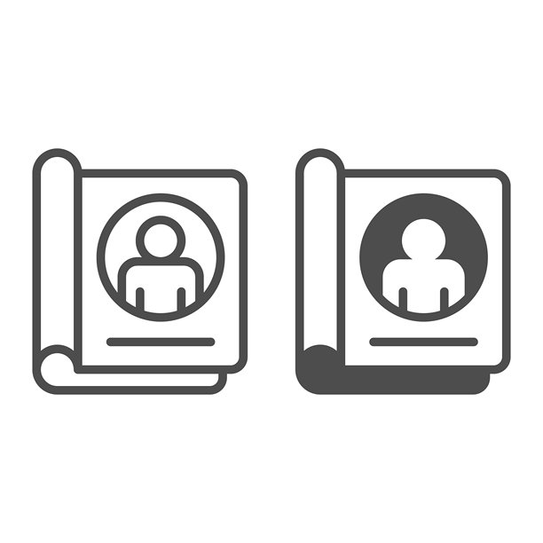 个人资料照片日记线条和实心图标，个人数据概念。矢量图形。带有用户标志的照片专辑，白色背景上的轮廓风格图标，适用于移动或网页设计。图片下载