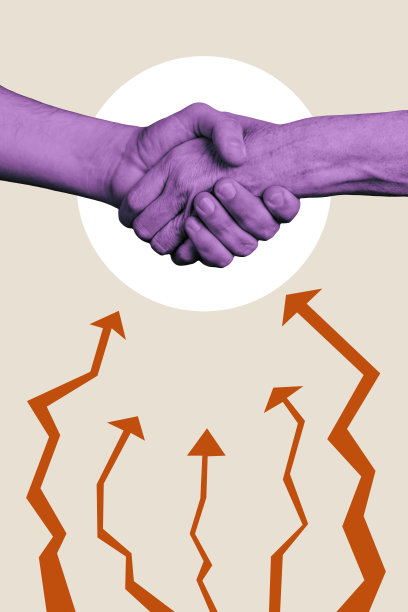 垂直照片拼贴，展示握手、向上箭头、进步的商业人士排列，象征合作伙伴关系，背景为涂鸦风格。图片下载