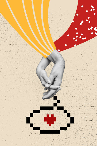 交叉的手部垂直照片拼贴，象征着情侣约会时的心灵相连与爱情关系，背景为涂鸦风格。图片下载