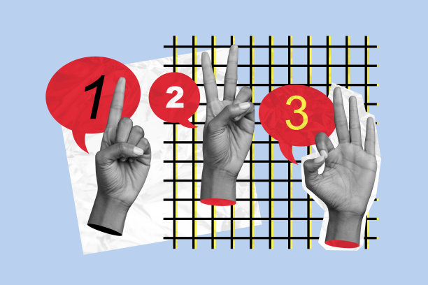 创意照片拼贴，展示人类手部、3D手臂、迷幻概念，包含数字手势、文本框气泡，棋盘背景计数。图片下载