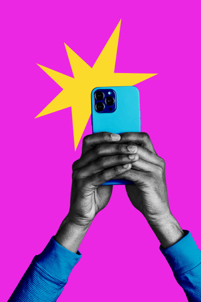 垂直照片拼贴，手持新款iPhone设备拍摄闪光灯视频，科技感十足，背景为涂鸦风格。图片下载