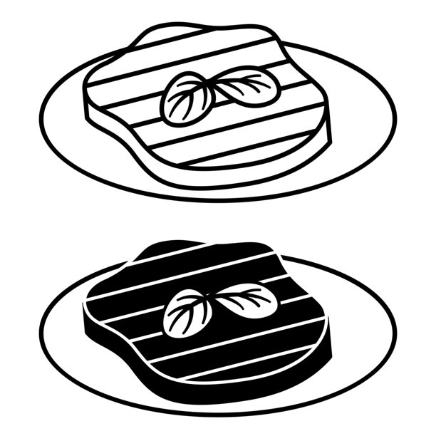 牛排图标。黑白矢量图。盘子上的厚切煎肉。牛排，准备好的菜肴。餐点概念图片下载