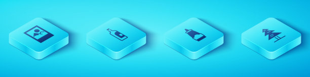 等距照片框、酒瓶、树和调料瓶图标。矢量图。图片下载