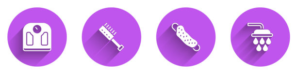 浴室秤、桑拿刷、洗脸巾和带长阴影的淋浴图标。矢量图。图片下载