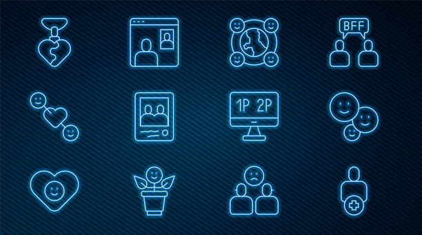 添加好友，快乐的友谊日，国际社区，家庭照片，浪漫关系，心形项链，电脑显示器屏幕和视频聊天会议图标。矢量图图片下载