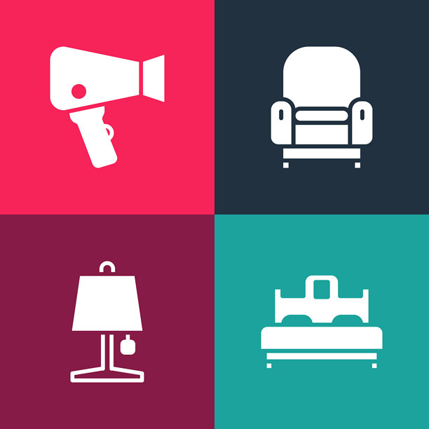 波普艺术风格的卧室，台灯，扶手椅和吹风机图标。矢量图。图片下载