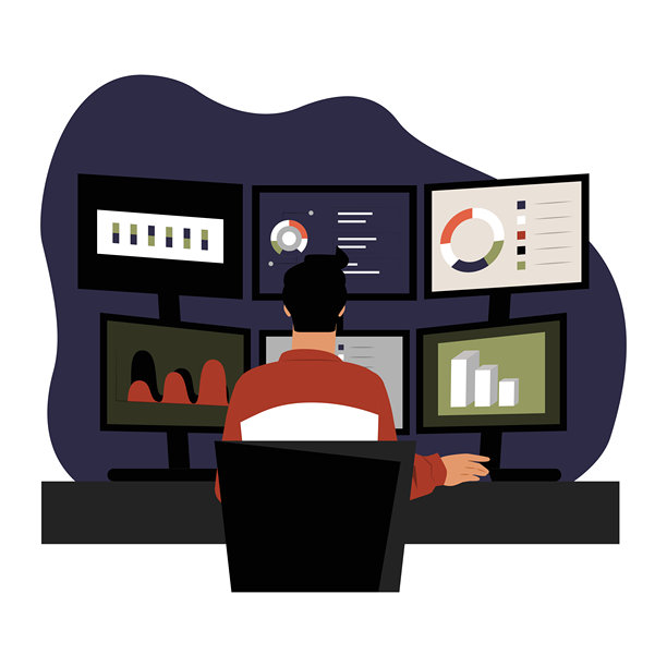 男性监控多个数据屏幕的扁平矢量插图，象征网络安全、数据分析和信息管理，背景为白色。图片下载