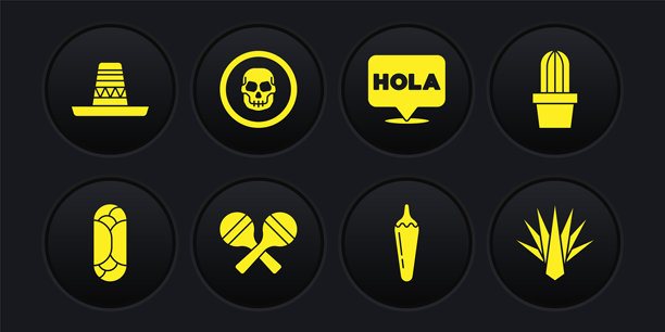 墨西哥卷饼、仙人掌或多肉植物盆栽、马拉卡斯、辣椒、你好、墨西哥骷髅硬币、龙舌兰和草帽图标。矢量图。图片下载