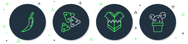 墨西哥玉米片、斗篷、辣椒和盆栽仙人掌或多肉植物图标。矢量图。图片下载