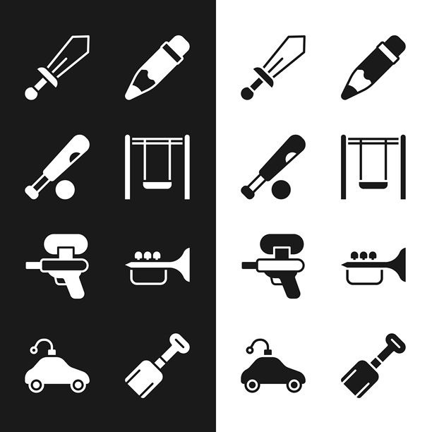 秋千、棒球棒与球、玩具剑、橡皮擦、水枪、小号、铲子和遥控车图标。矢量图。图片下载