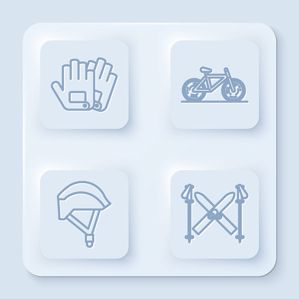 手套、单车、自行车头盔、滑雪和滑雪杖。白色方形按钮。矢量图。图片下载