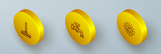 等距线条的花园耙、水龙头和太阳图标。矢量图。图片下载