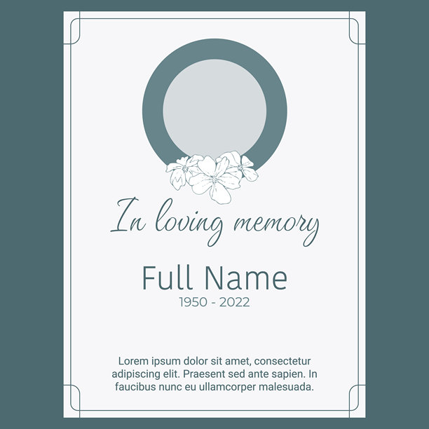 葬礼卡片模板，带圆形照片框和蓝色花朵图片下载