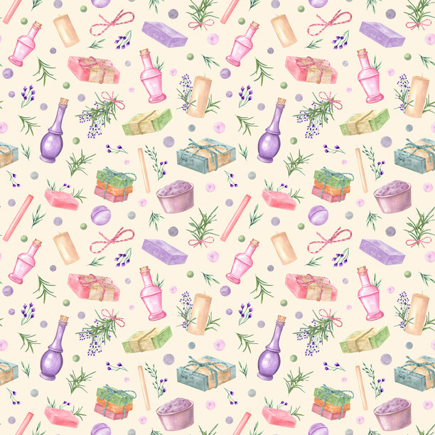 米色背景上的水彩水疗配件无缝图案。蜡烛、盐碗、野花、油瓶、香皂、浴盐球、草药插图，适用于纺织包装纸。图片下载
