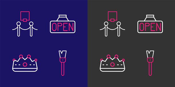 画笔、王冠、带有“开放”字样的悬挂标志、图片和绳索障碍图标。矢量图。图片下载