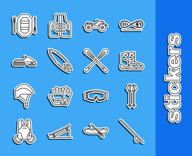 冲浪板、滑雪杖、靴子、全地形车（ATV）、雪地摩托、漂流船和交叉桨图标。矢量图。图片下载