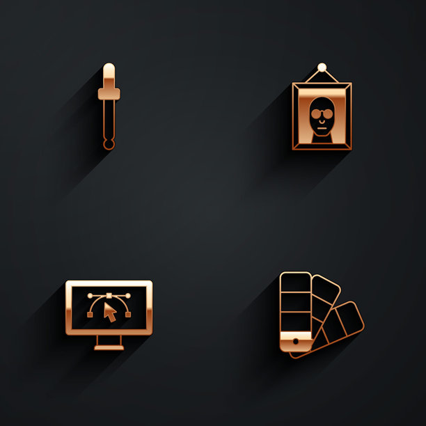 设置吸管颜色选择器调色板，图片，带有设计程序的计算机和带长阴影的颜色指南图标。矢量图。图片下载