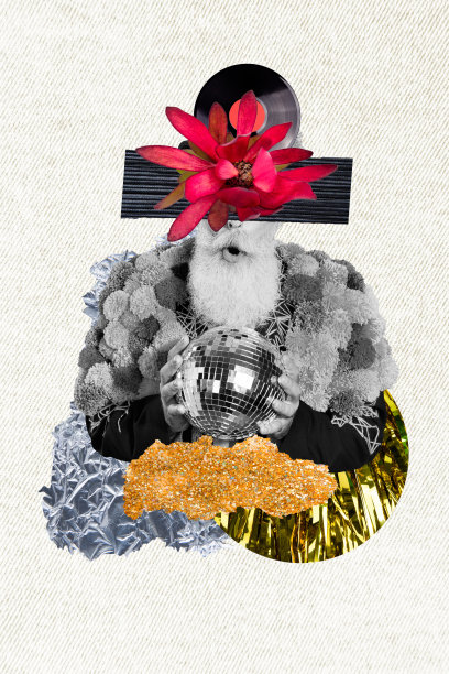 超现实的合成素描图像艺术作品，3D照片拼贴，惊讶的白胡子老年人手中握着一个迪斯科球，半边脸是花朵。图片下载