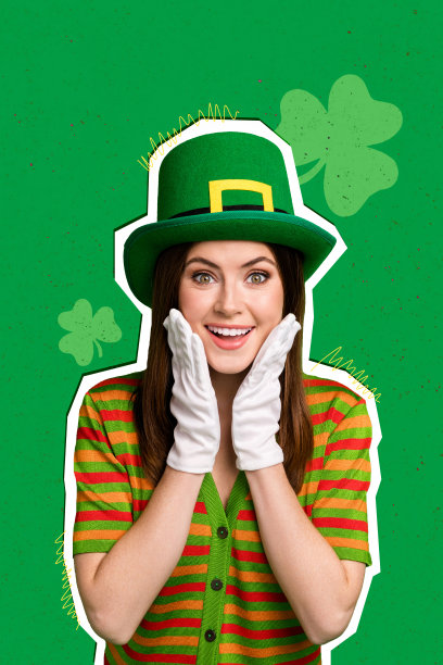 创意照片拼贴，年轻可爱微笑女孩惊讶、印象深刻、震惊的反应，圣帕特里克节庆祝活动图片下载