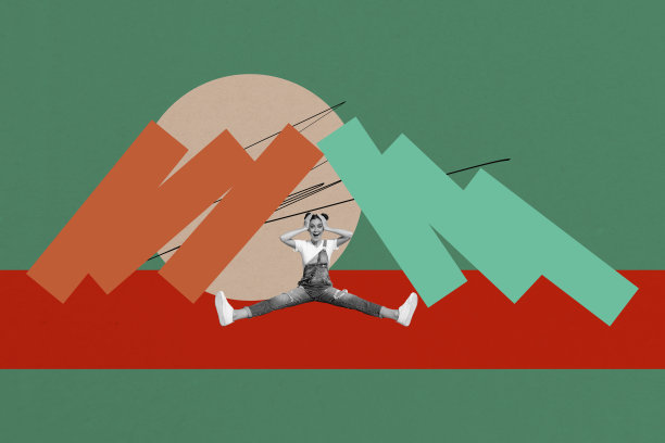 年轻惊讶的女士坐在倒塌的柱子之间，双手抱头，双腿大幅张开，3D照片拼贴合成的趋势草图。图片下载