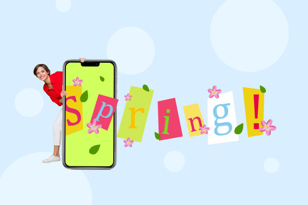 时尚复合艺术作品，3D拼贴照片，吸引人的年轻女士站在巨大的智能手机屏幕后，春季即将来临。图片下载