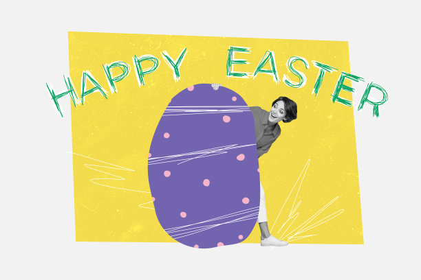 快乐女孩从巨大的彩绘复活节彩蛋中探出头来，创意照片拼贴，背景是涂鸦的复活节氛围。图片下载