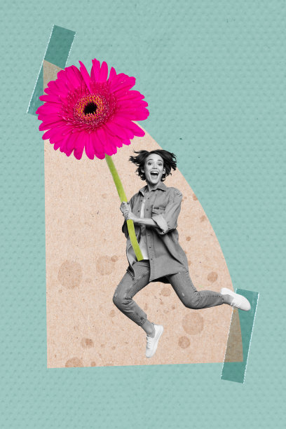 垂直照片拼贴明信片问候，庆祝3月8日节日，春天的快乐女孩，花卉礼物，美丽的花朵绘画背景图片下载