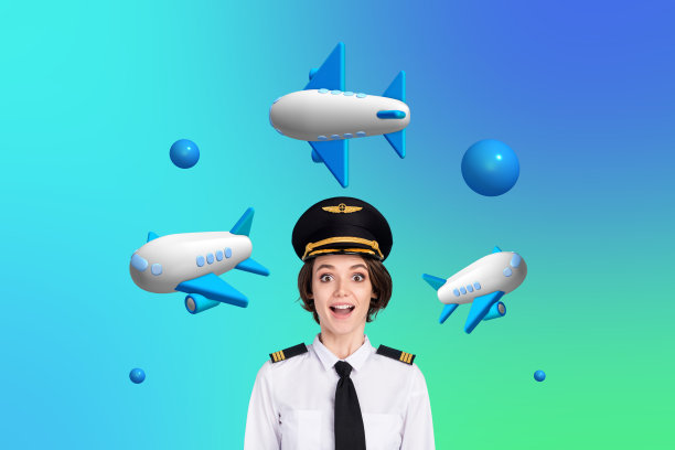 创意照片拼贴，飞行的飞机，穿着制服的女性飞行员，职业印象，情感面部表情，旅行社票务图片下载