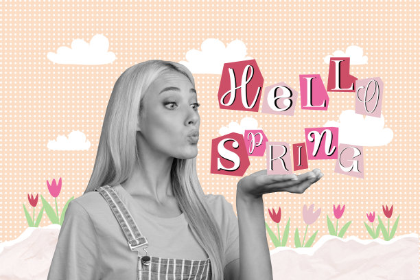 创意合成照片拼贴，漂亮可爱的女孩在手掌上送吻，迎接春天，背景为涂鸦风格。图片下载