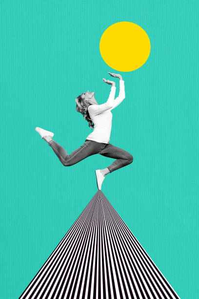 年轻女孩运动员的竖版照片拼贴，打排球、击球、舞动，斜身姿势，斑马纹背景下的独立形象。图片下载