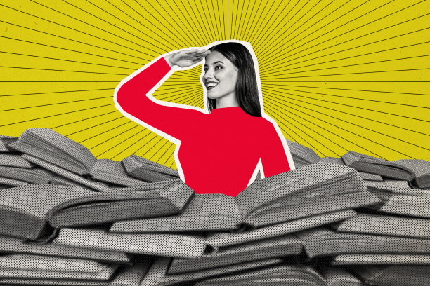 创意照片拼贴，年轻有抱负的女孩远望，寻找书虫，文学爱好者，备考学术知识图片下载