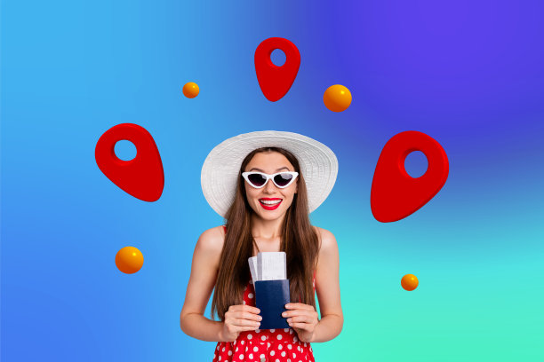 创意照片拼贴，站着的年轻快乐女孩，旅行者，旅游代理促销，地理位置标记，目的地，票务销售图片下载