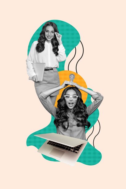 年轻的两位女性职员在垂直拼贴照片中思考商业解决方案和成功的战略计划，使用笔记本电脑和电子设备。图片下载