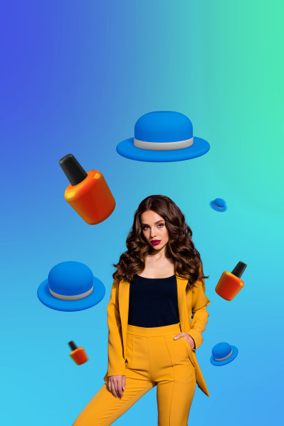 垂直创意照片拼贴，时尚年轻女性模特，迷人华丽的服装，帽子，化妆品促销横幅图片下载