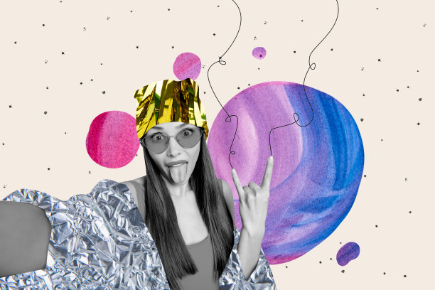 年轻女孩穿着银色夹克，做鬼脸自拍，头上有角，参加摇滚派对，背景为涂鸦风格的彩绘，构成了一幅复合3D照片艺术图形拼贴。图片下载