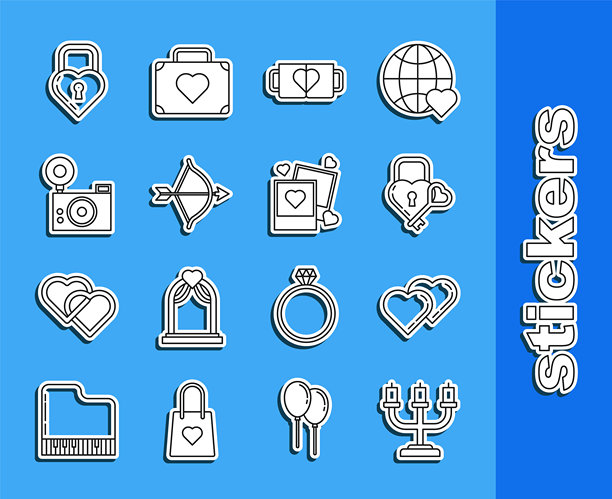 蜡烛图线条、两个相连的心形、心形钥匙的城堡、咖啡杯、弓箭、相机和空白心形照片框图标。矢量图。图片下载