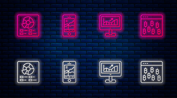 移动股票交易设置，带有增长图表的电脑，饼图信息图和比特币浏览器。砖墙上的发光霓虹图标。矢量图。图片下载