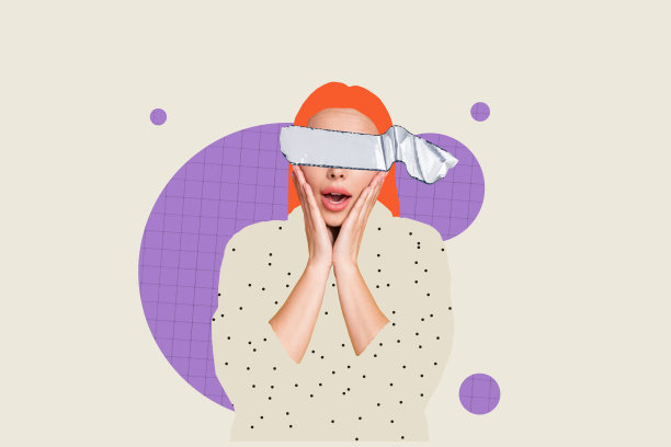 复合3D照片艺术图形拼贴，描绘了一位害怕的年轻红发女孩被蒙住眼睛，面临盗窃和抢劫的恐惧噩梦，背景为涂鸦风格。图片下载