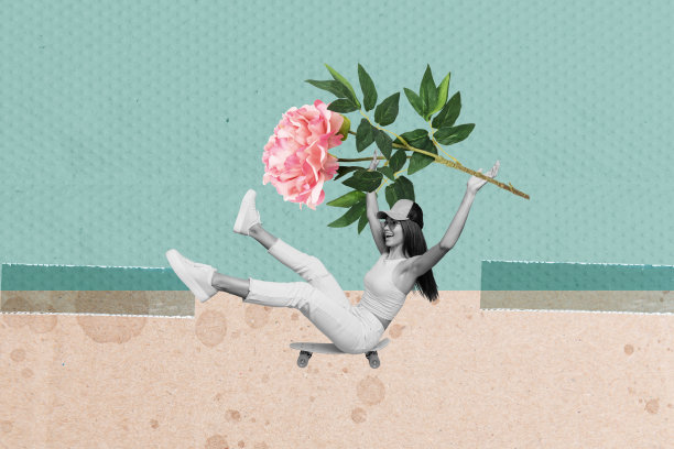 创意照片拼贴，年轻快乐的女孩骑滑板，手持盛开的鲜花，庆祝3月8日节日，收到礼物。图片下载