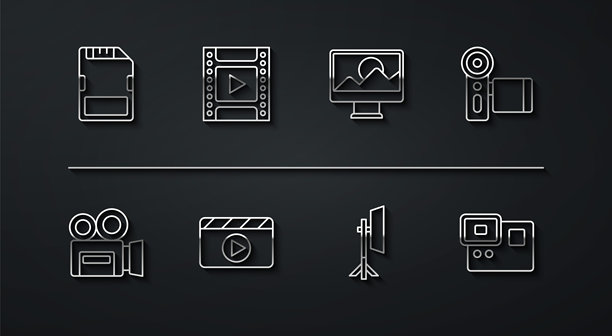 设置线条SD卡，复古电影摄影机，电影，摄影棚灯泡软盒，电影拍板，胶卷卡带，极限动作和照片修饰图标。矢量图图片下载