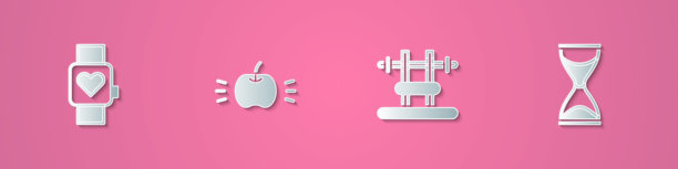 纸艺风格的图标：纸剪的智能手表、苹果、杠铃长凳和古老的沙漏。图片下载