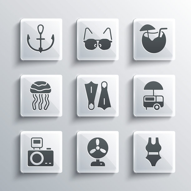 电风扇、泳衣、快餐街头小吃车、游泳用橡胶脚蹼、带闪光灯的相机、水母、锚和椰子鸡尾酒图标。矢量图。图片下载