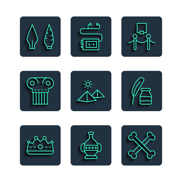 国王皇冠、古代陶罐、交叉的人骨、图片和绳索障碍、埃及金字塔、柱子、石器时代箭头和羽毛墨水瓶图标。矢量图。图片下载