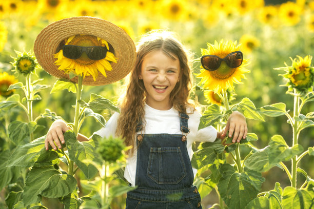 戴着黑色太阳镜、草帽上插着向日葵的调皮女孩在向日葵田里。阳光明媚的照片。图片下载