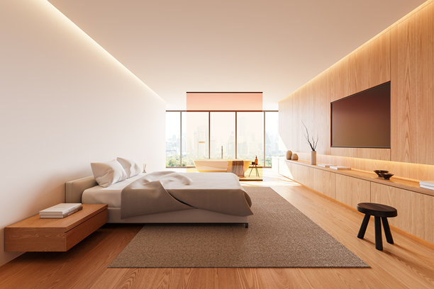 优雅的酒店卧室内部配有床和浴缸，电视屏幕和窗户图片下载