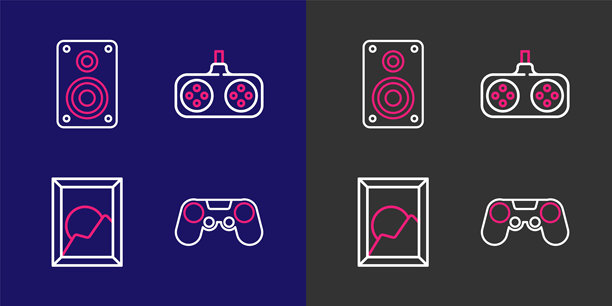 游戏手柄、图片风景和立体声扬声器图标。矢量图。图片下载